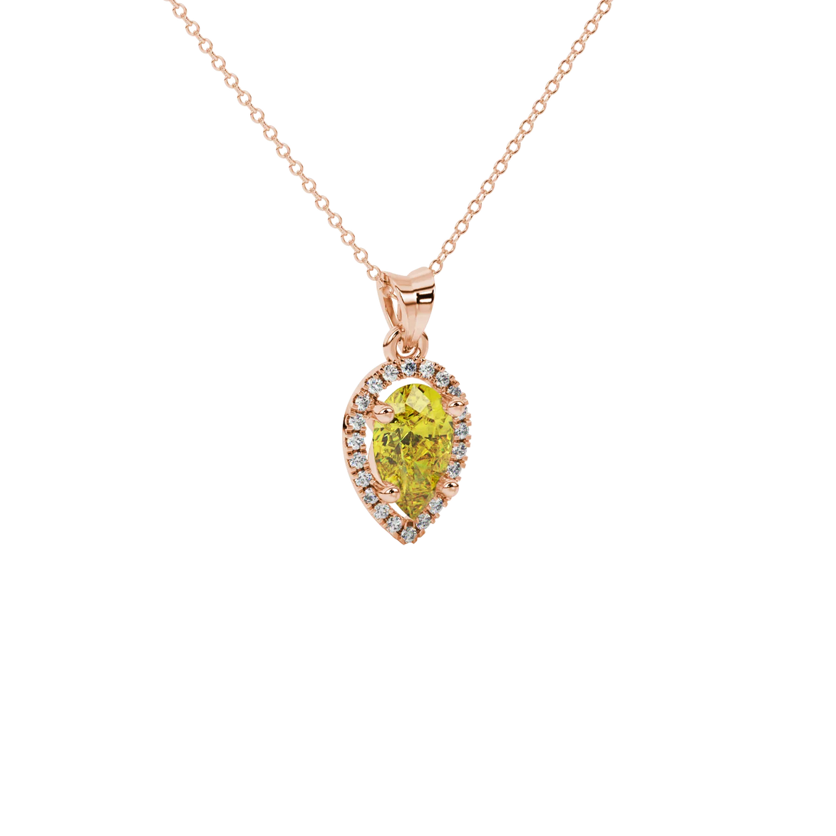 Close-up, pear shape canary yellow gemstone pendant, rose gold french pavé halo.