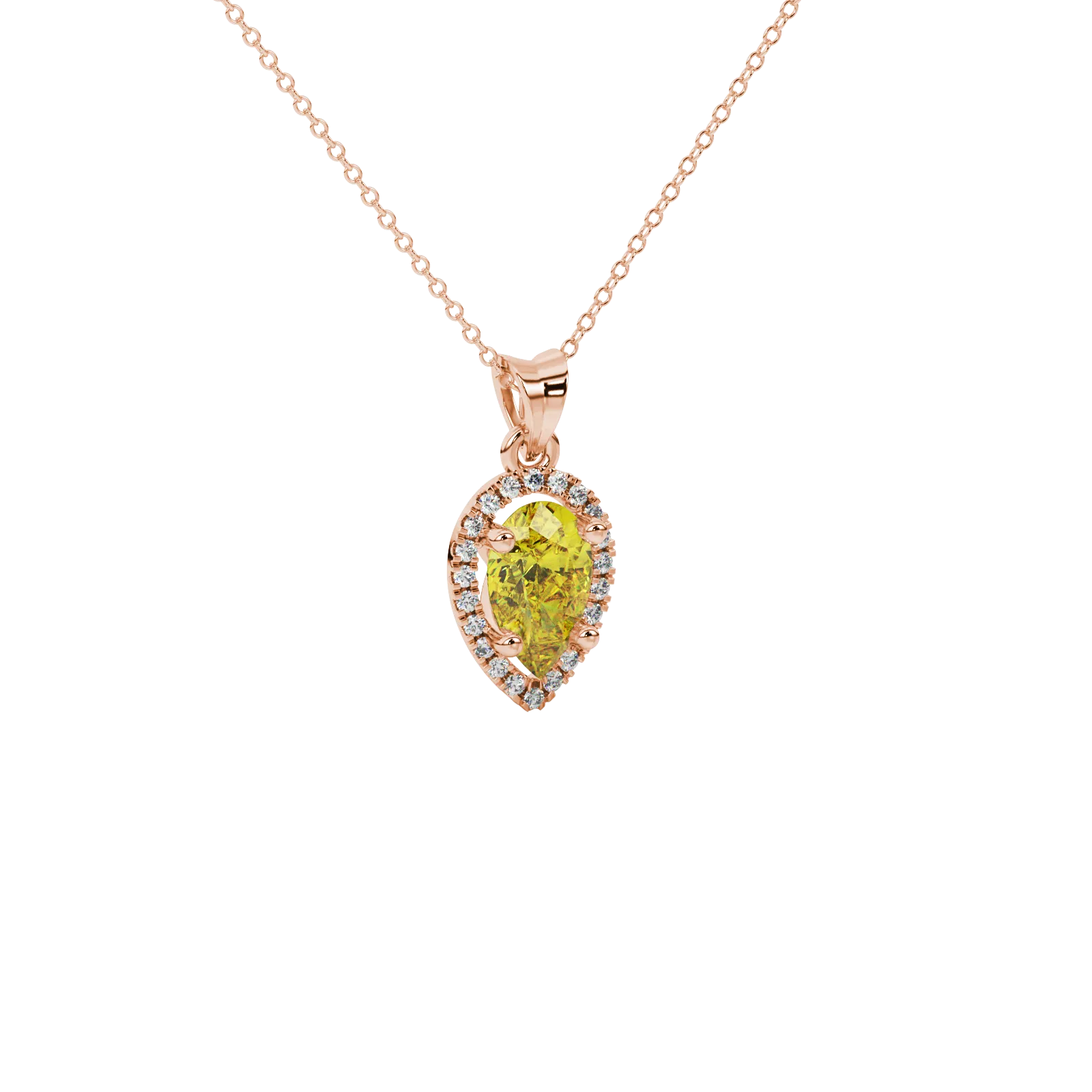 Close-up, pear shape canary yellow gemstone pendant, rose gold french pavé halo.