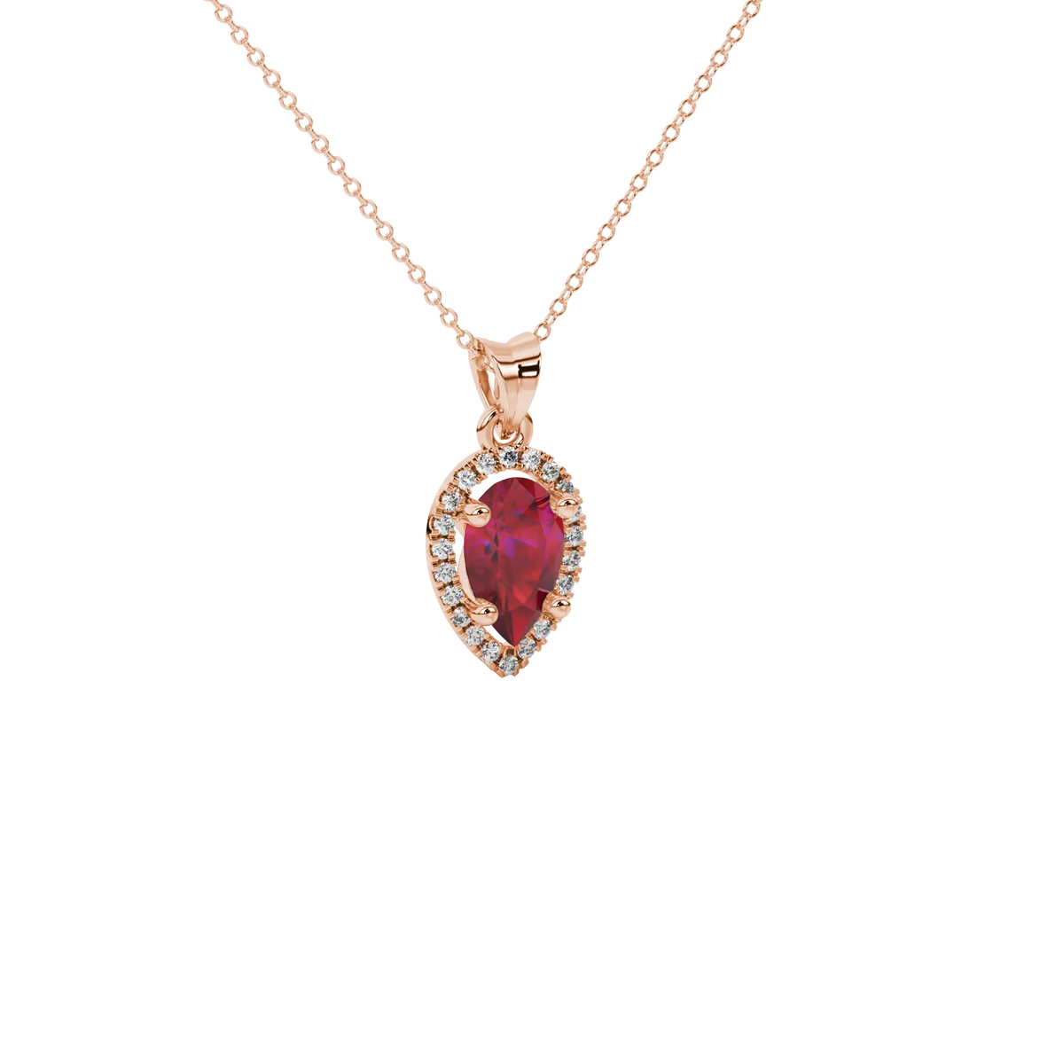 Close-up, pear shape raspberry red gemstone pendant, rose gold french pavé halo.