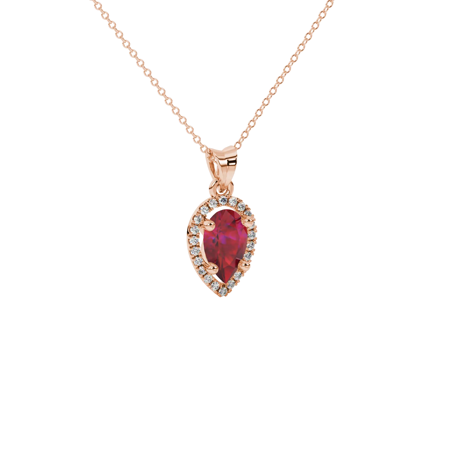 Close-up, pear shape raspberry red gemstone pendant, rose gold french pavé halo.