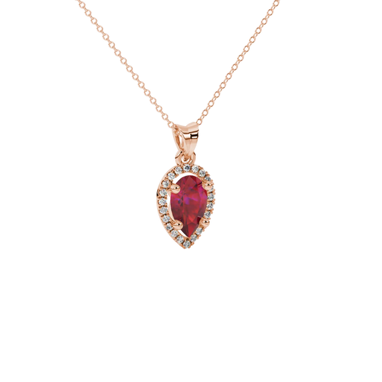 Close-up, pear shape raspberry red gemstone pendant, rose gold french pavé halo.