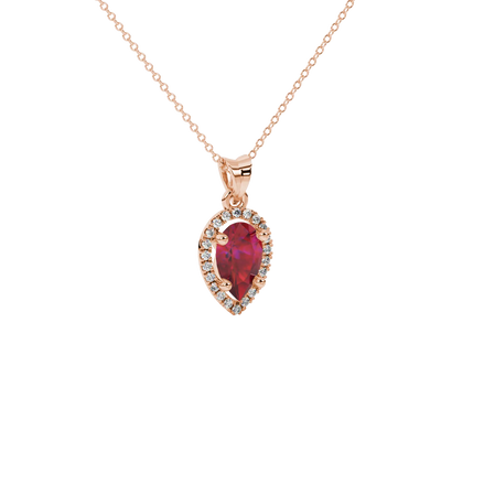 Close-up, pear shape raspberry red gemstone pendant, rose gold french pavé halo.
