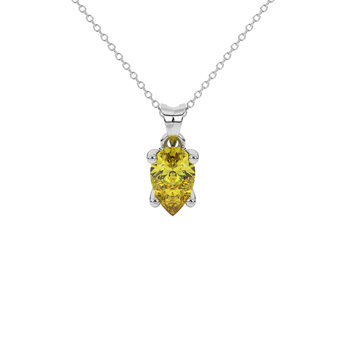 Pear shape canary yellow gemstone pendant, white gold lotus basket setting.
