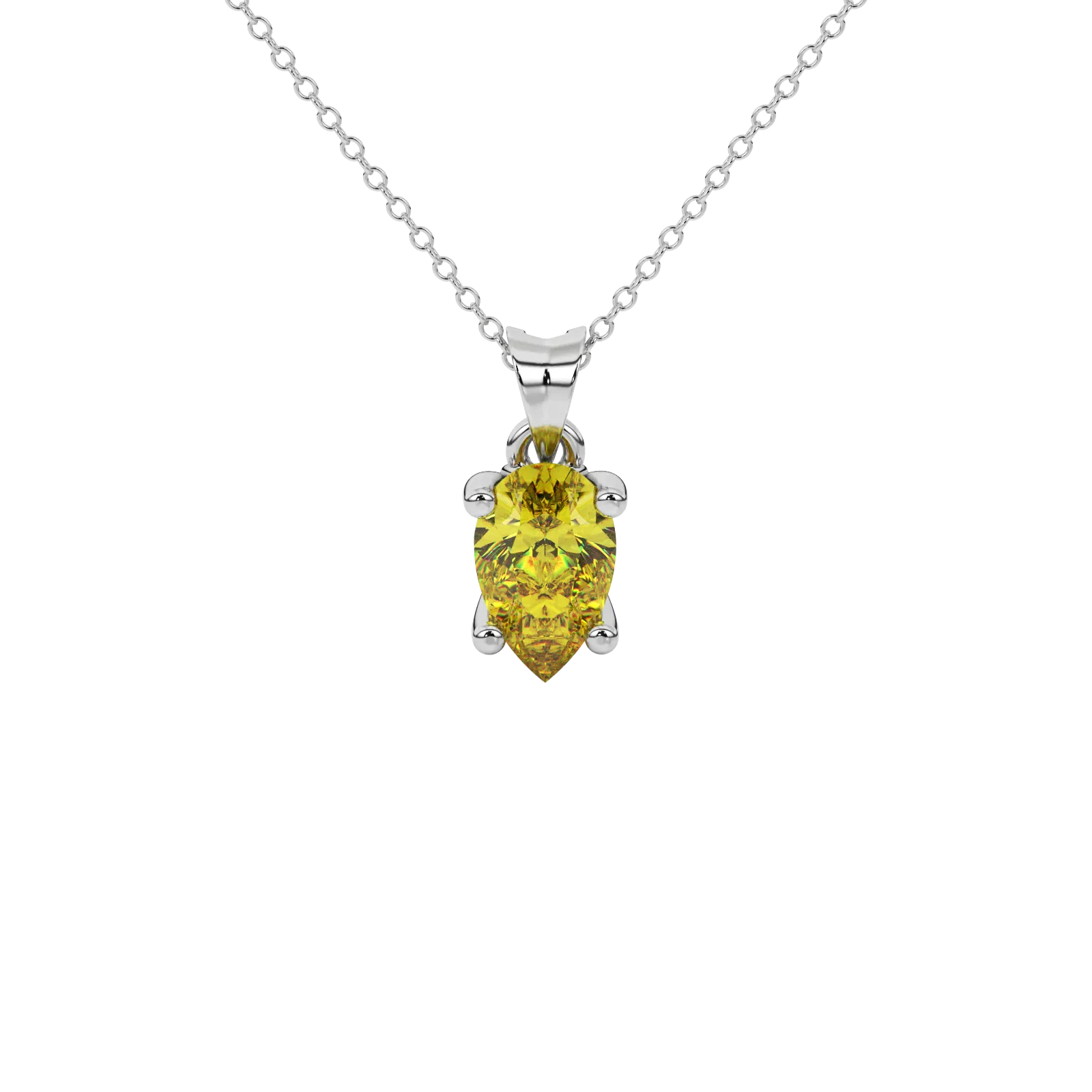 Pear shape canary yellow gemstone pendant, white gold lotus basket setting.