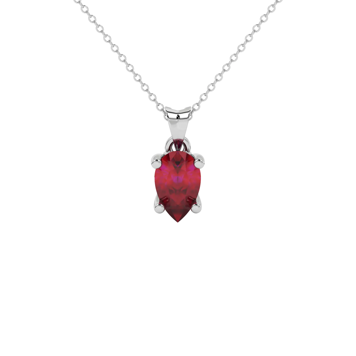 Pear shape raspberry red gemstone pendant, white gold lotus basket setting.