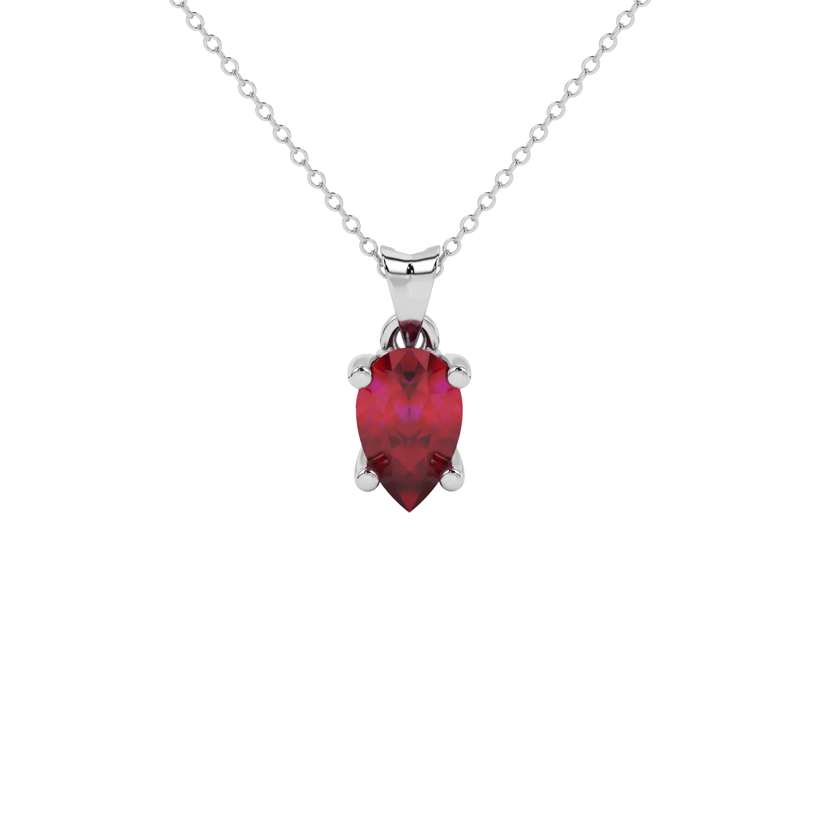 Pear shape raspberry red gemstone pendant, white gold lotus basket setting.