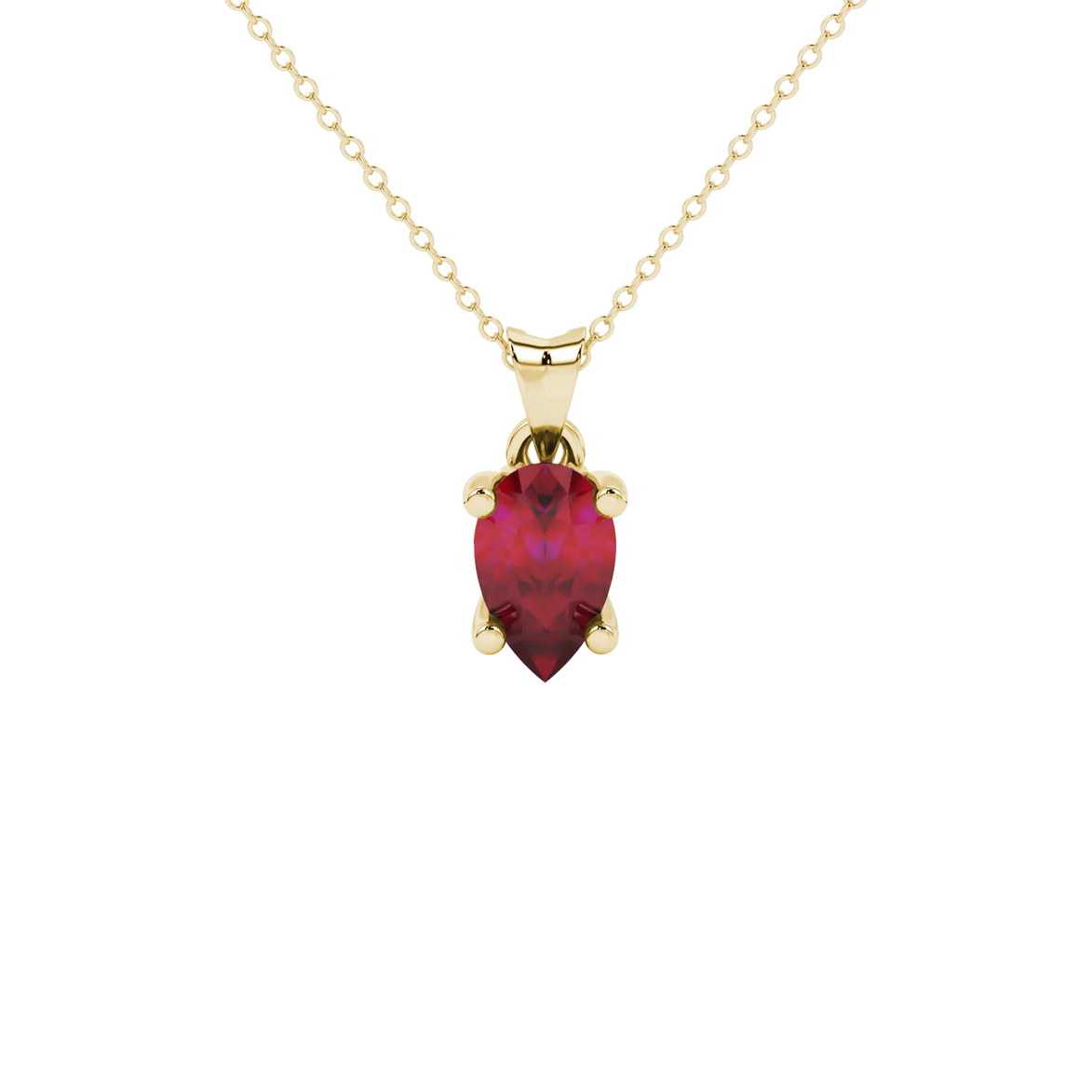 Pear shape raspberry red gemstone pendant, yellow gold lotus basket setting.