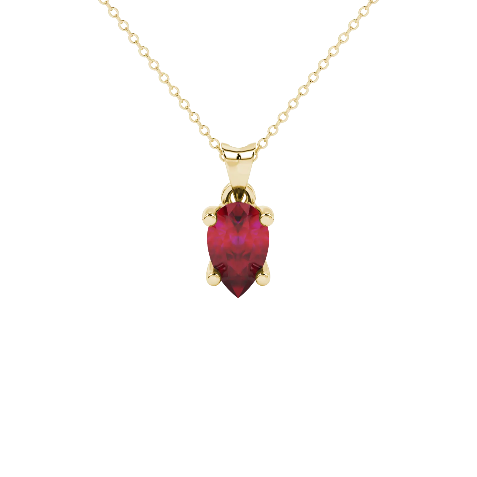 Pear shape raspberry red gemstone pendant, yellow gold lotus basket setting.