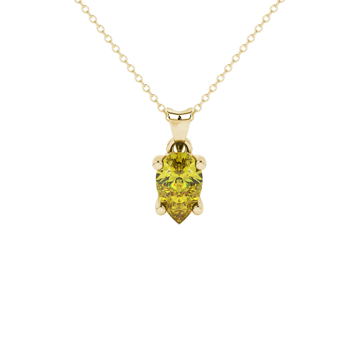 Pear shape canary yellow gemstone pendant, yellow gold lotus basket setting.