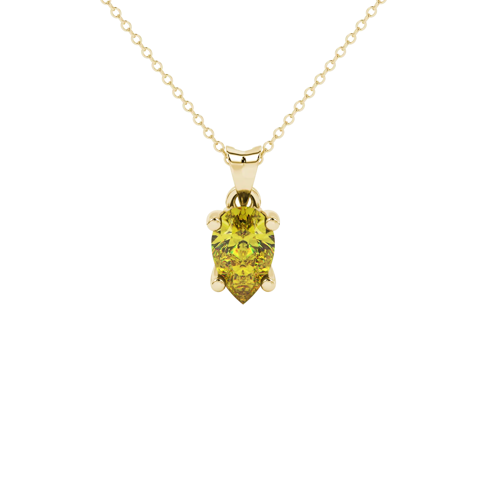 Pear shape canary yellow gemstone pendant, yellow gold lotus basket setting.