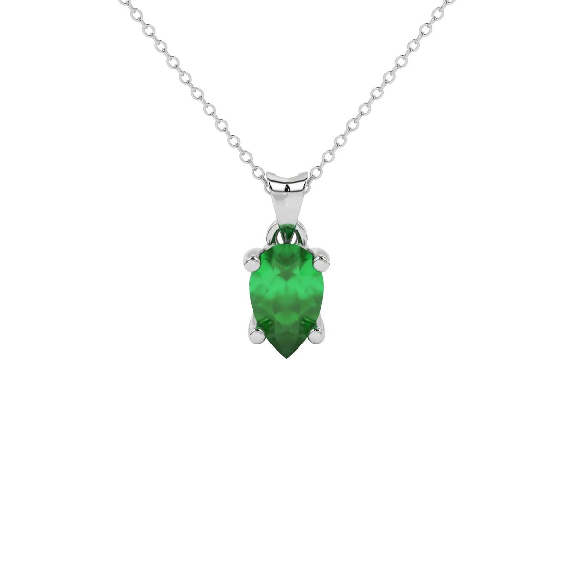 Pear shape emerald green gemstone pendant, white gold lotus basket setting.