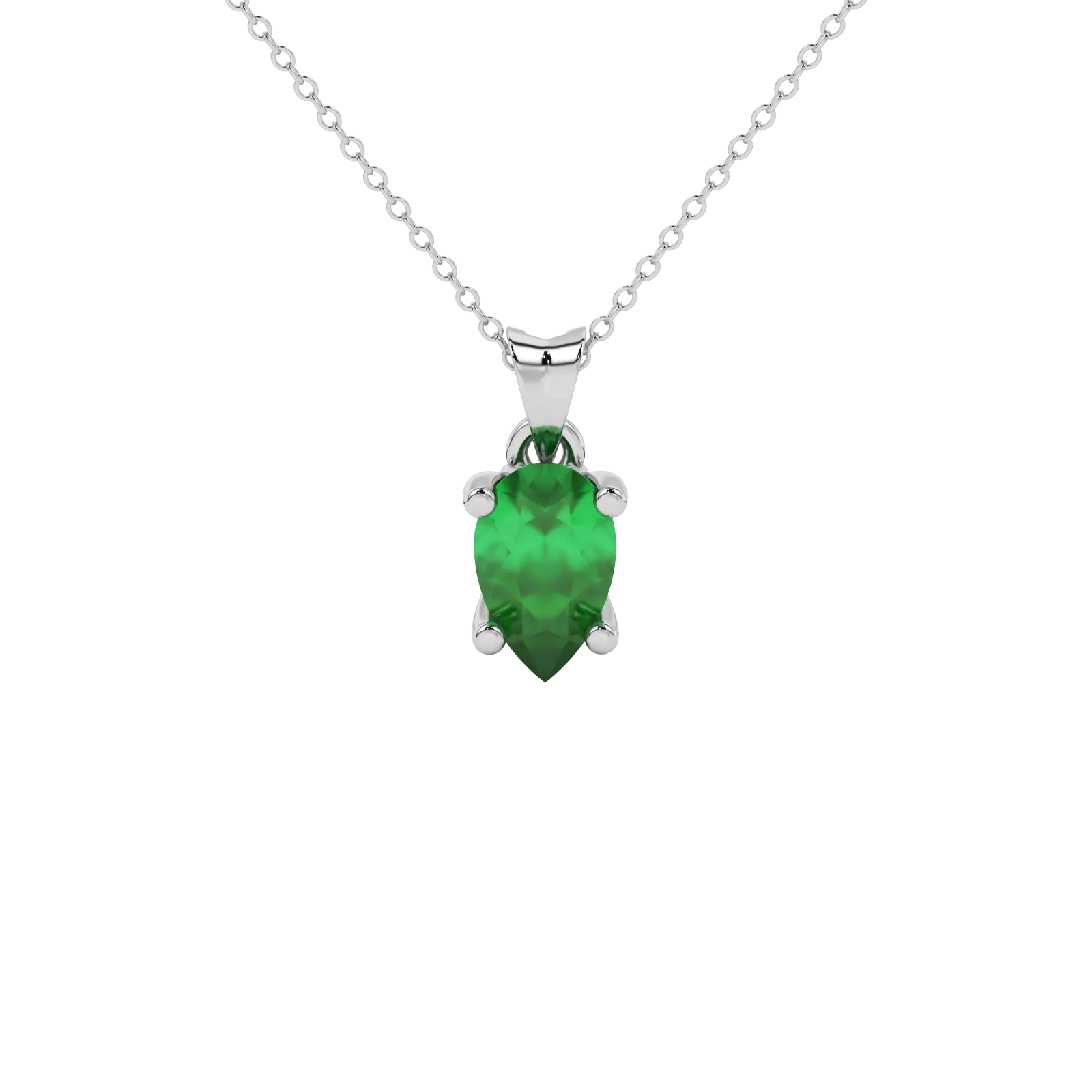 Pear shape emerald green gemstone pendant, white gold lotus basket setting.