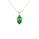Pear shape emerald green gemstone pendant, yellow gold lotus basket setting.