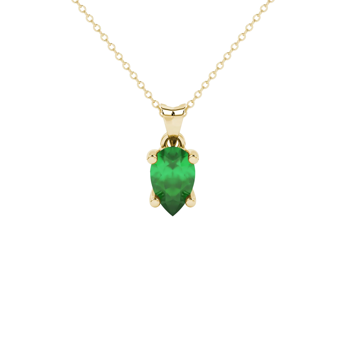 Pear shape emerald green gemstone pendant, yellow gold lotus basket setting.