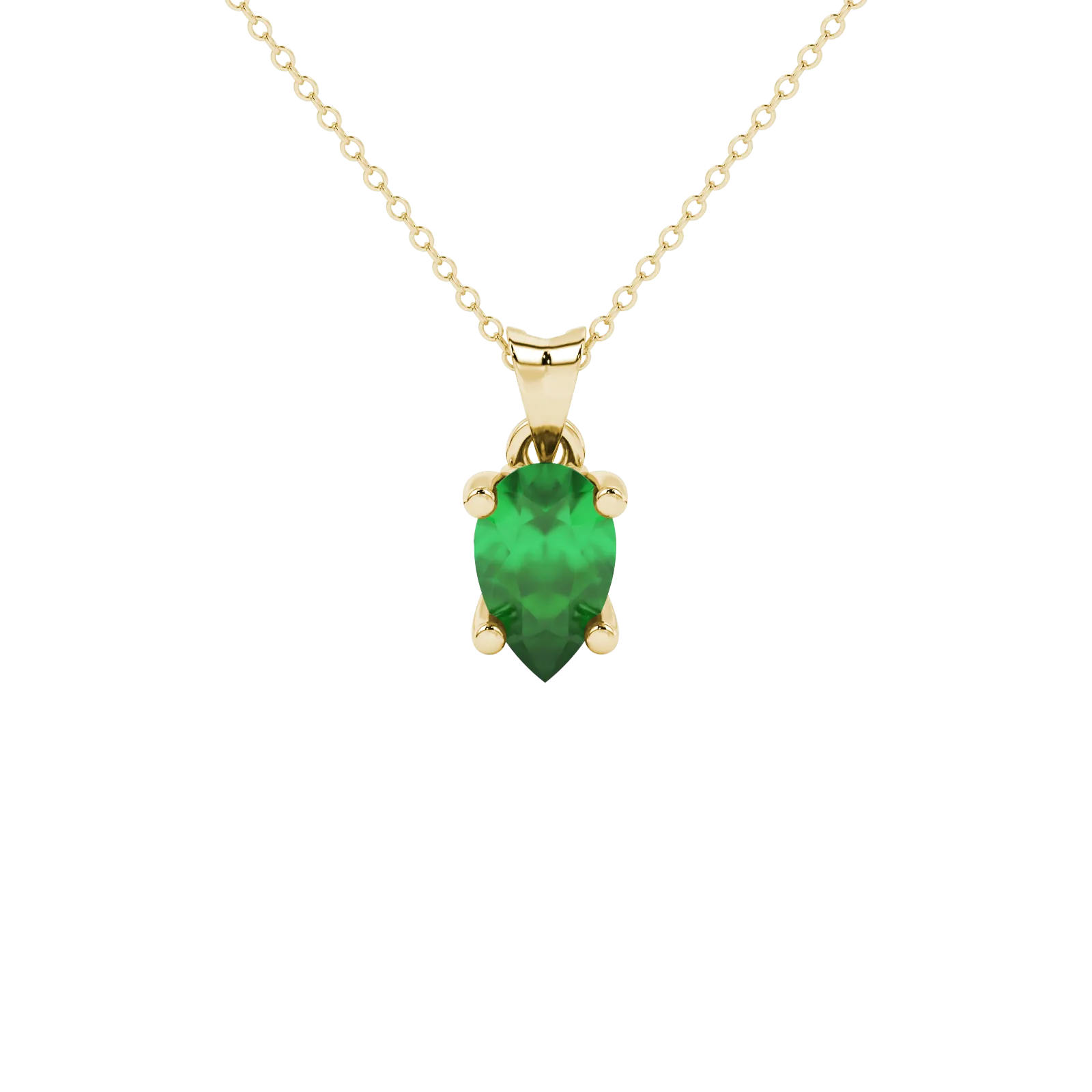 Pear shape emerald green gemstone pendant, yellow gold lotus basket setting.