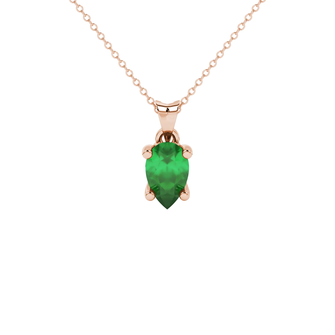 Pear shape emerald green gemstone pendant, rose gold lotus basket setting.