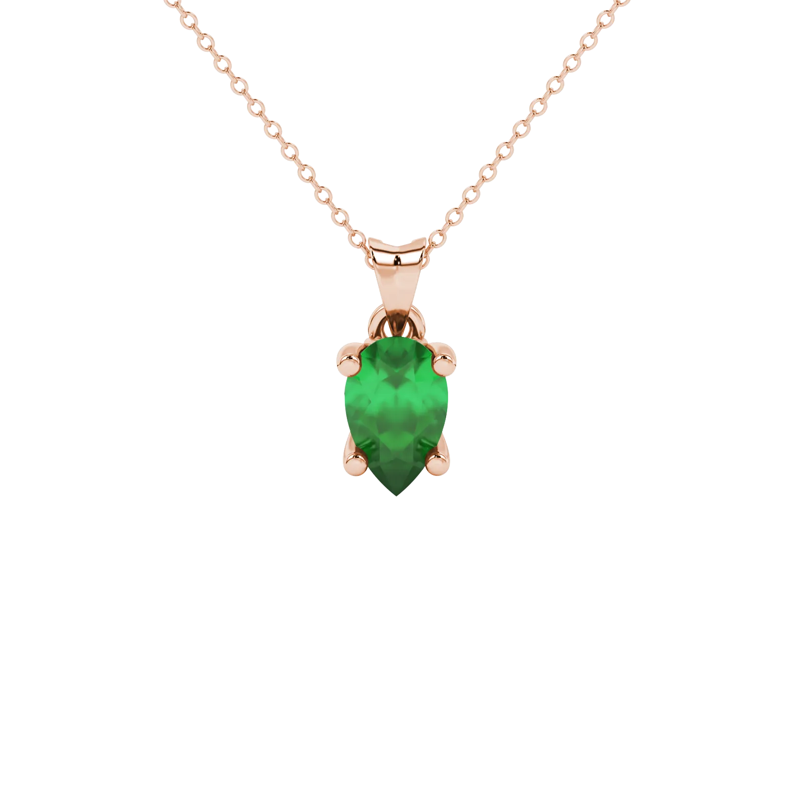 Pear shape emerald green gemstone pendant, rose gold lotus basket setting.