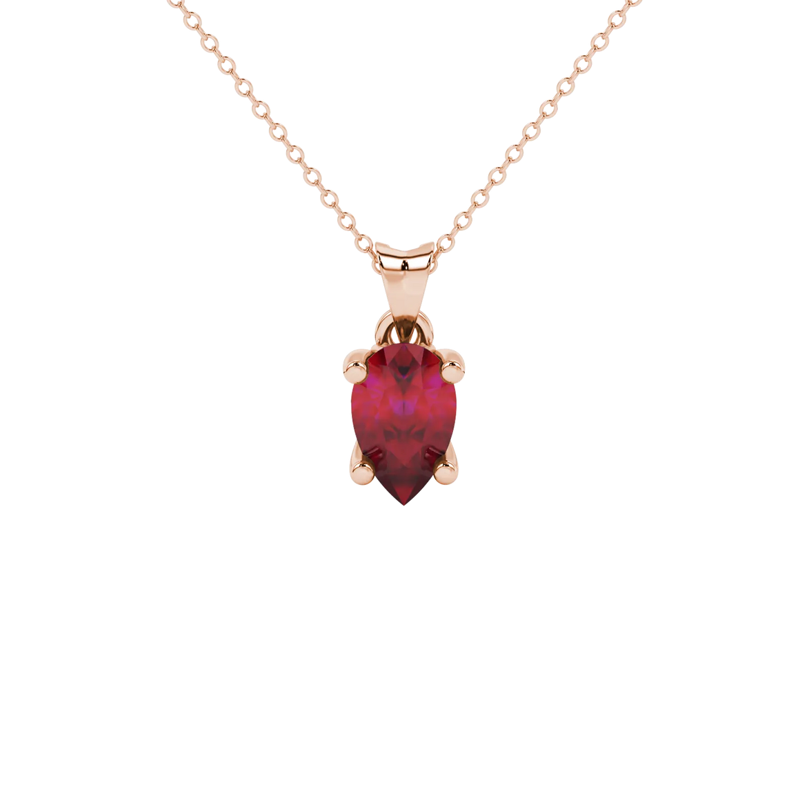 Pear shape raspberry red gemstone pendant, rose gold lotus basket setting.
