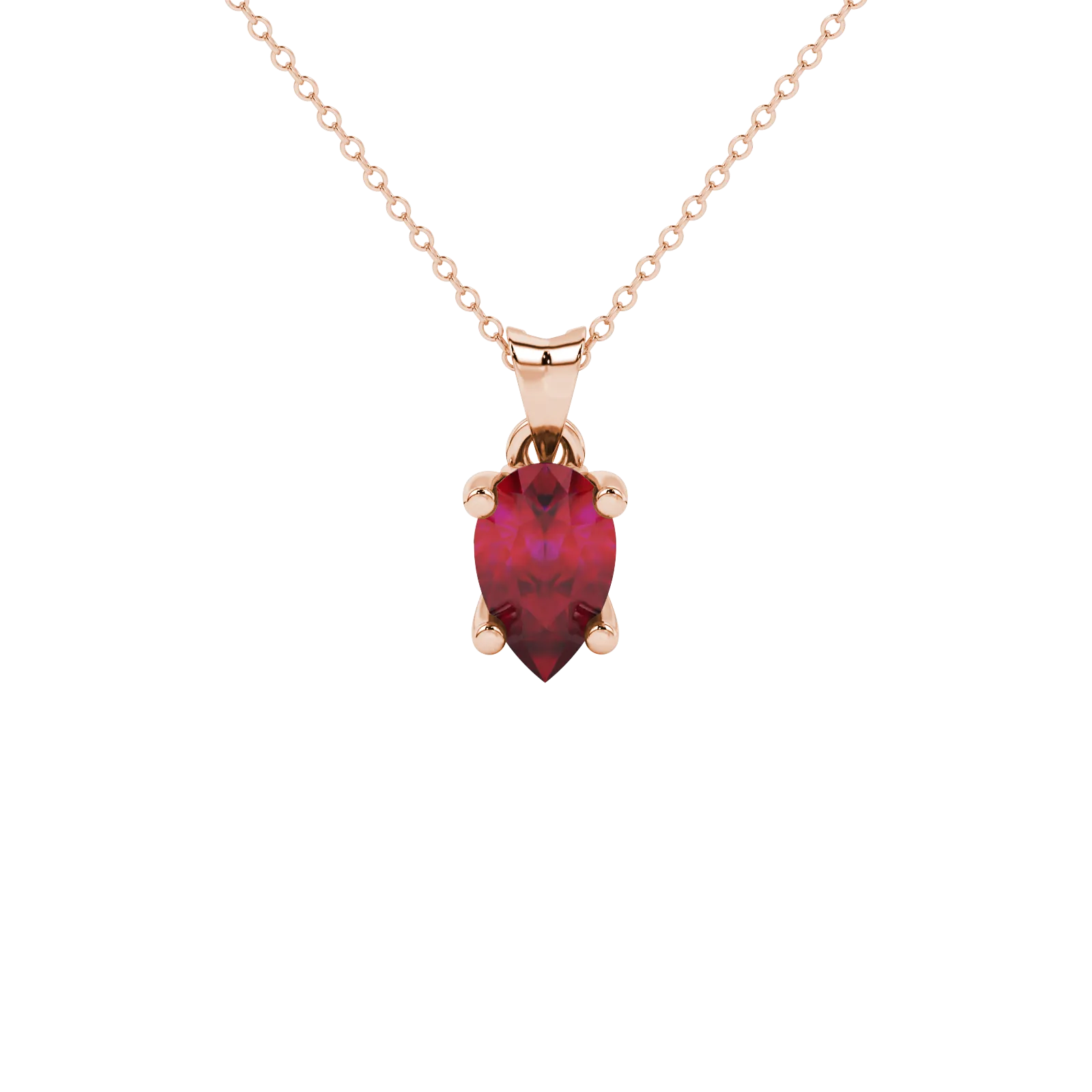 Pear shape raspberry red gemstone pendant, rose gold lotus basket setting.