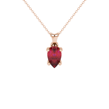 Pear shape raspberry red gemstone pendant, rose gold lotus basket setting.