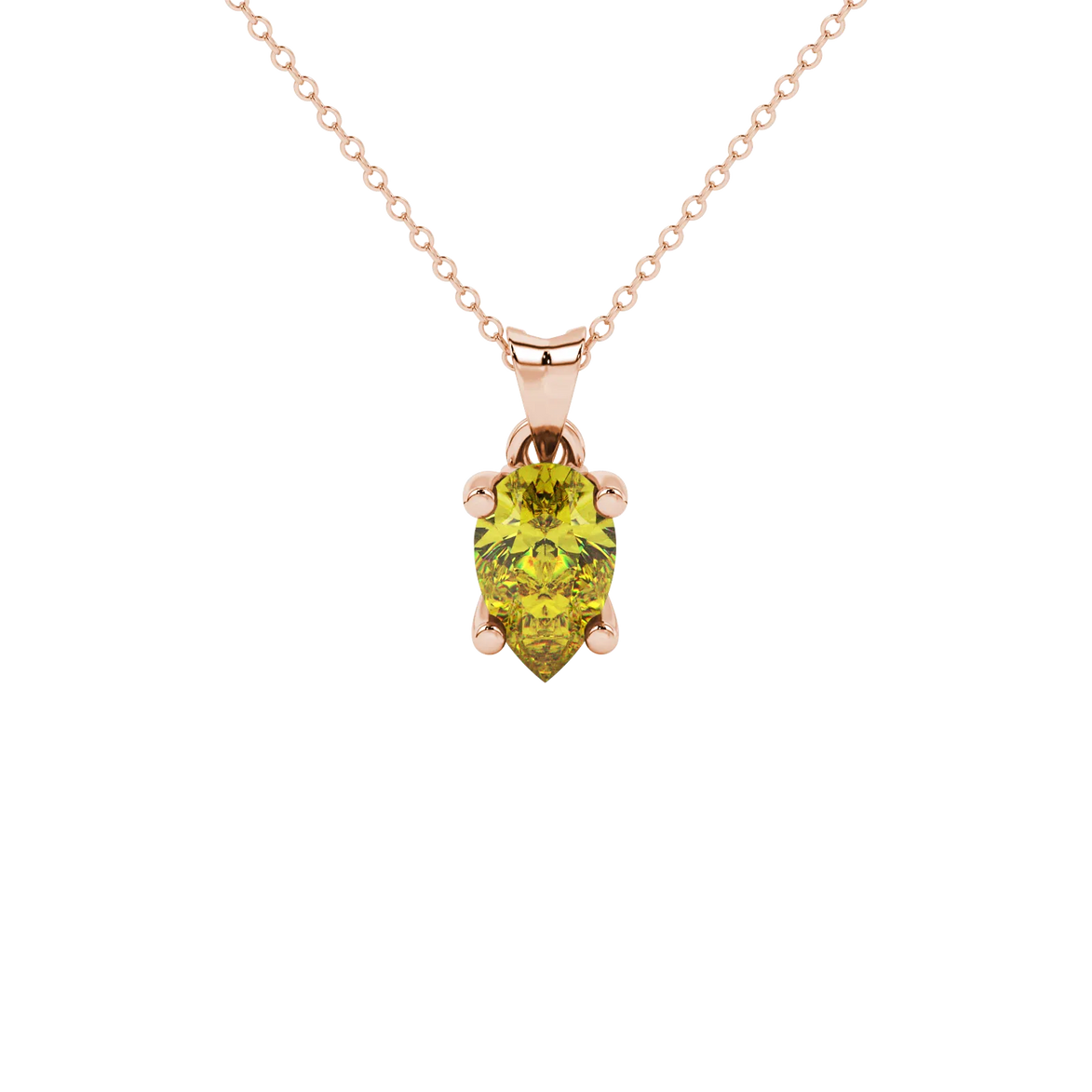 Pear shape canary yellow gemstone pendant, rose gold lotus basket setting.