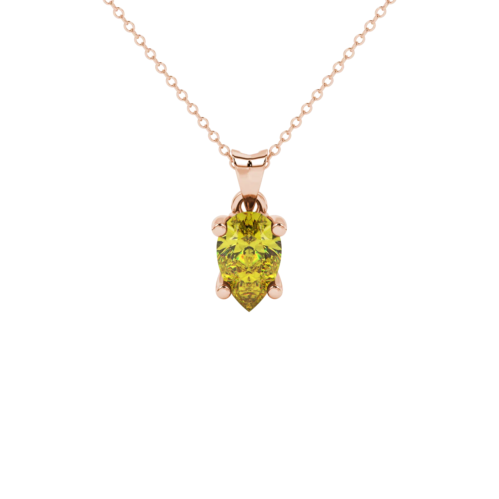 Pear shape canary yellow gemstone pendant, rose gold lotus basket setting.