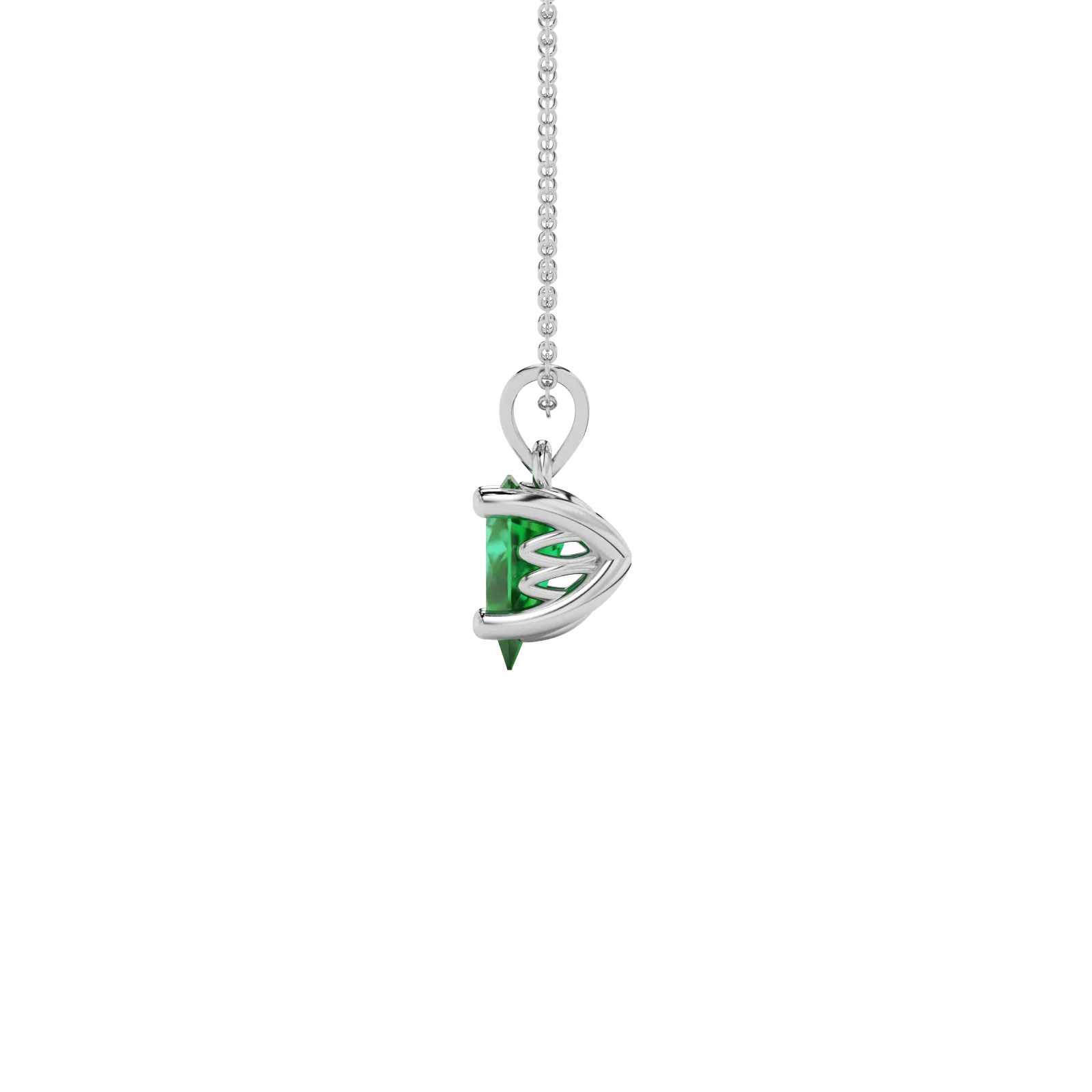 Side profile, white gold emerald green pendant, lotus basket gallery.