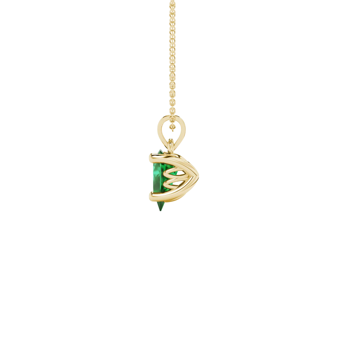 Side profile, yellow gold emerald green pendant, lotus basket gallery.