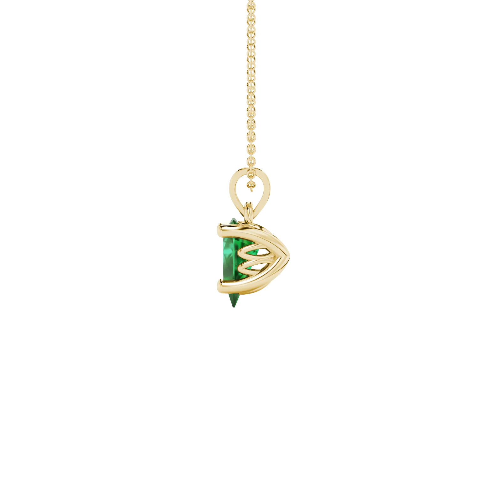 Side profile, yellow gold emerald green pendant, lotus basket gallery.