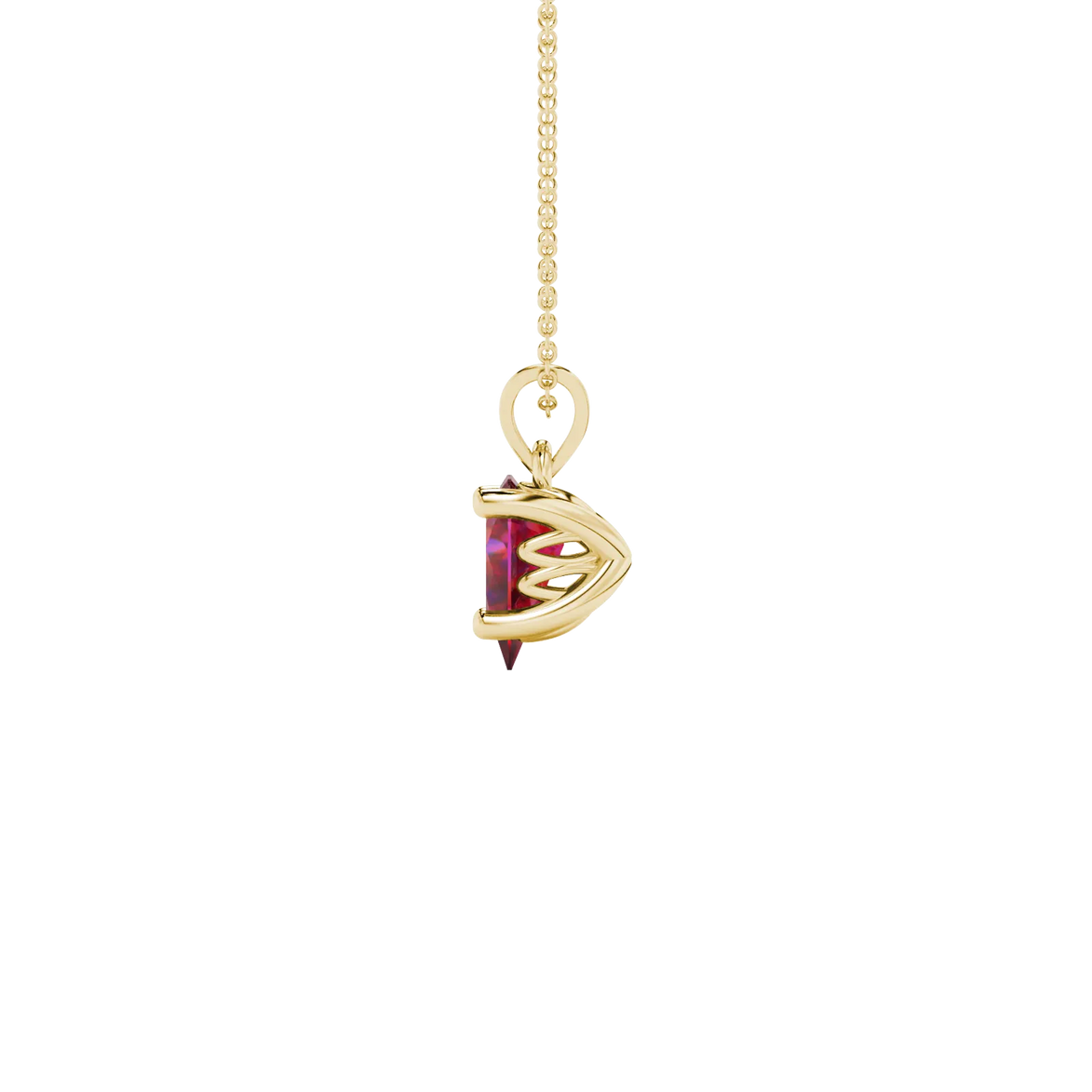 Side profile, yellow gold raspberry red pendant, lotus basket gallery.