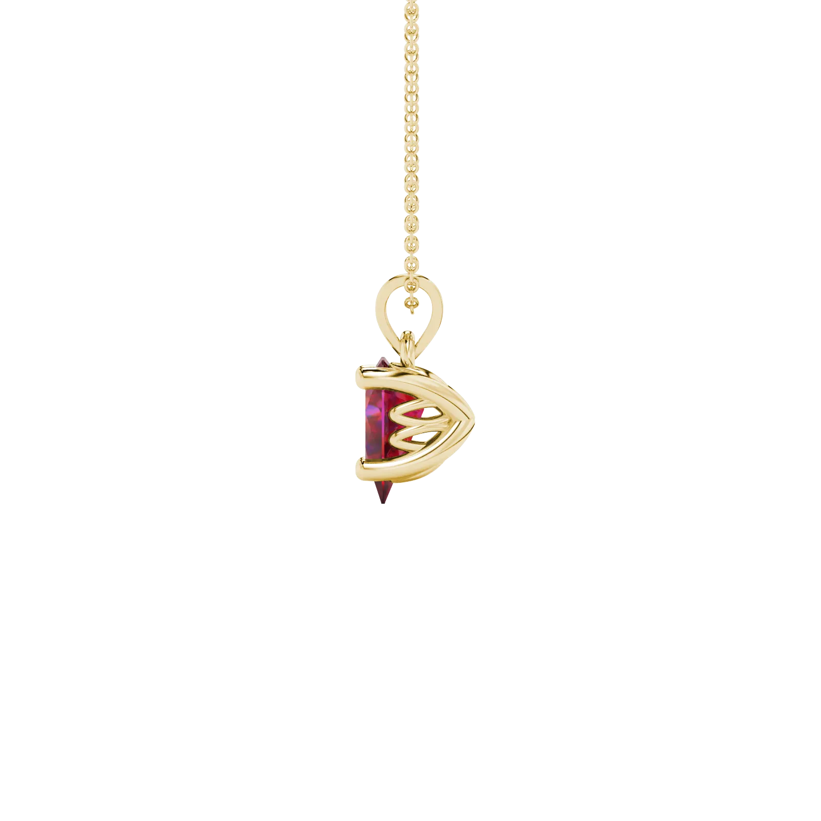 Side profile, yellow gold raspberry red pendant, lotus basket gallery.