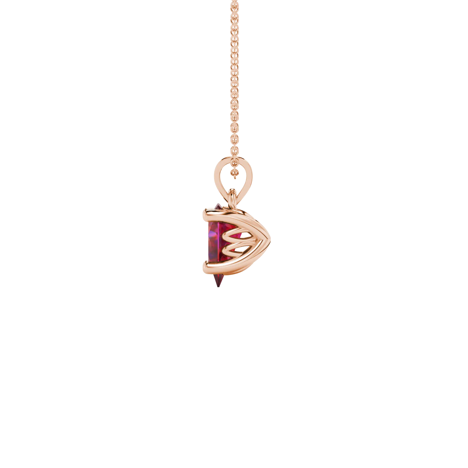 Side profile, rose gold raspberry red pendant, lotus basket gallery.