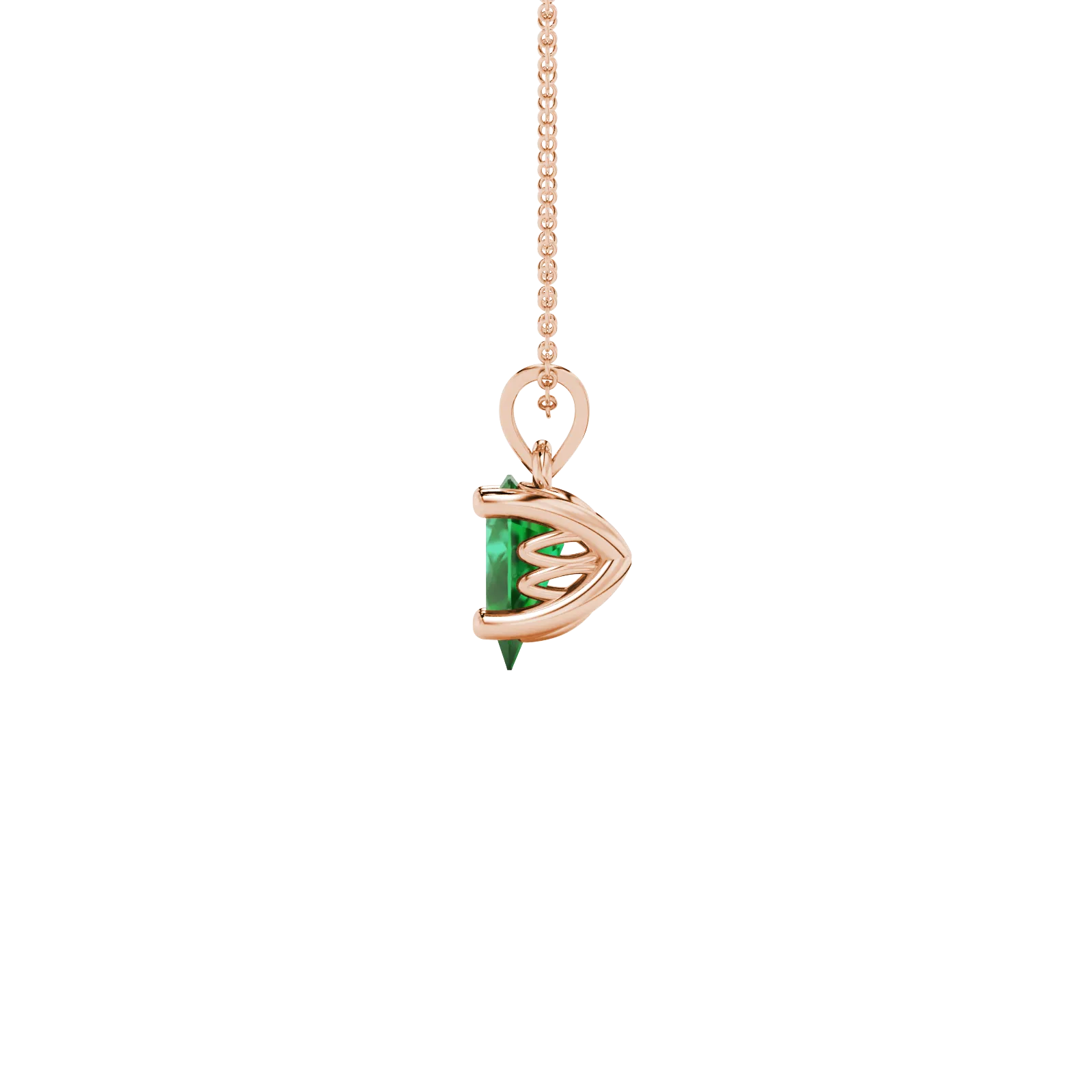 Side profile, rose gold emerald green pendant, lotus basket gallery.