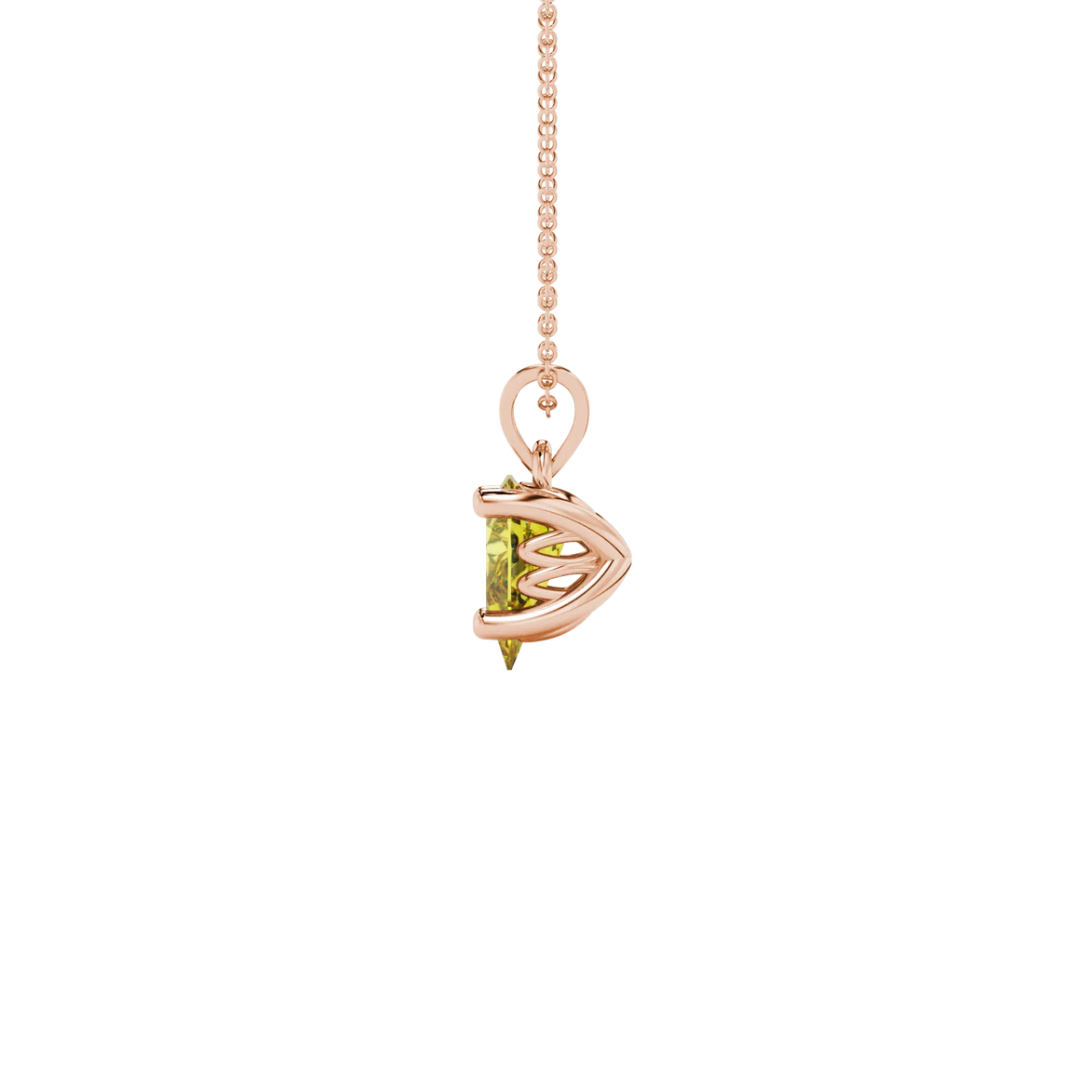 Side profile, rose gold canary yellow pendant, lotus basket gallery.