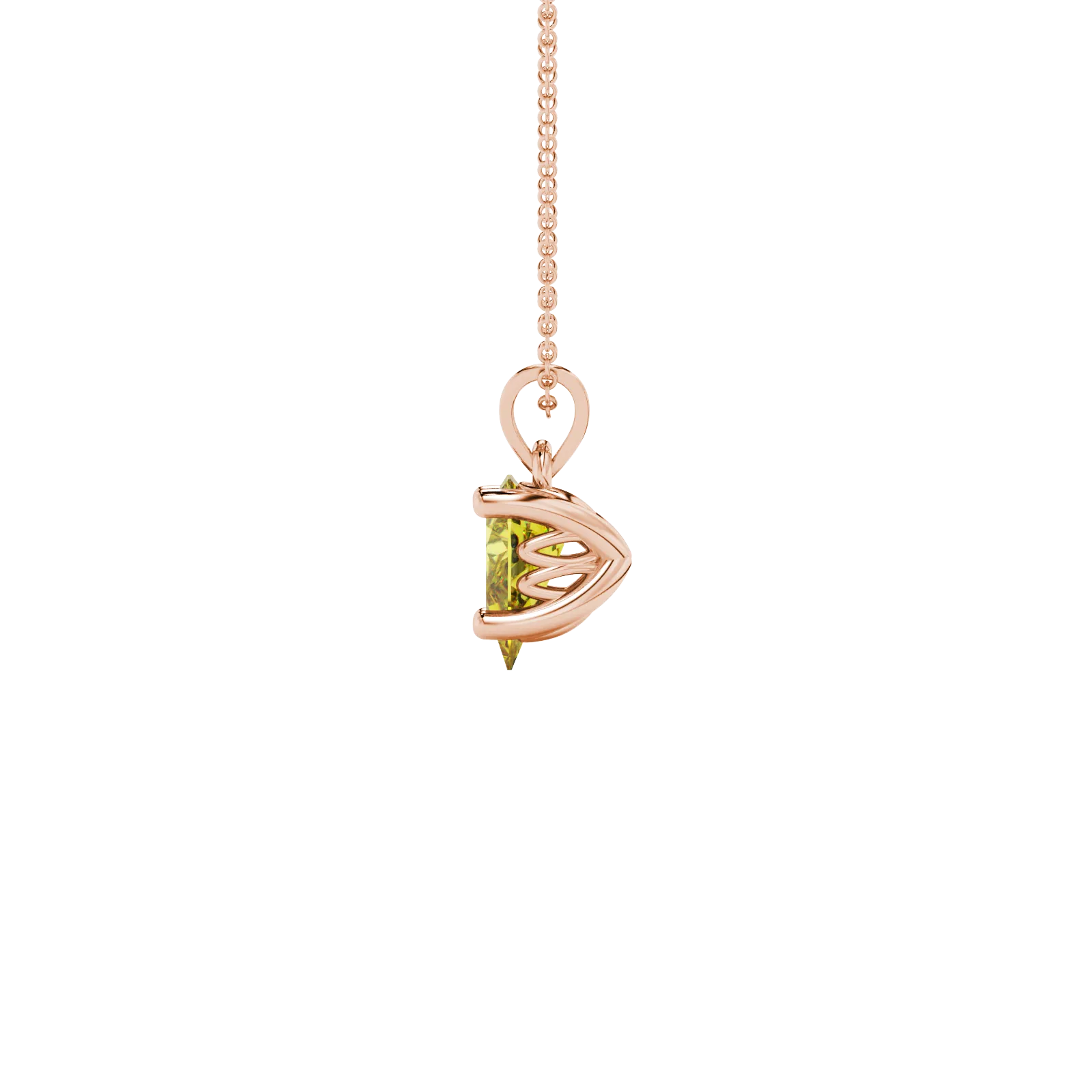 Side profile, rose gold canary yellow pendant, lotus basket gallery.