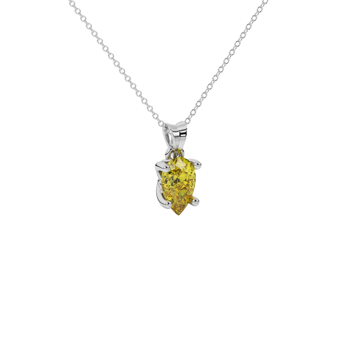 Close-up canary yellow gemstone pendant, white gold lotus basket.