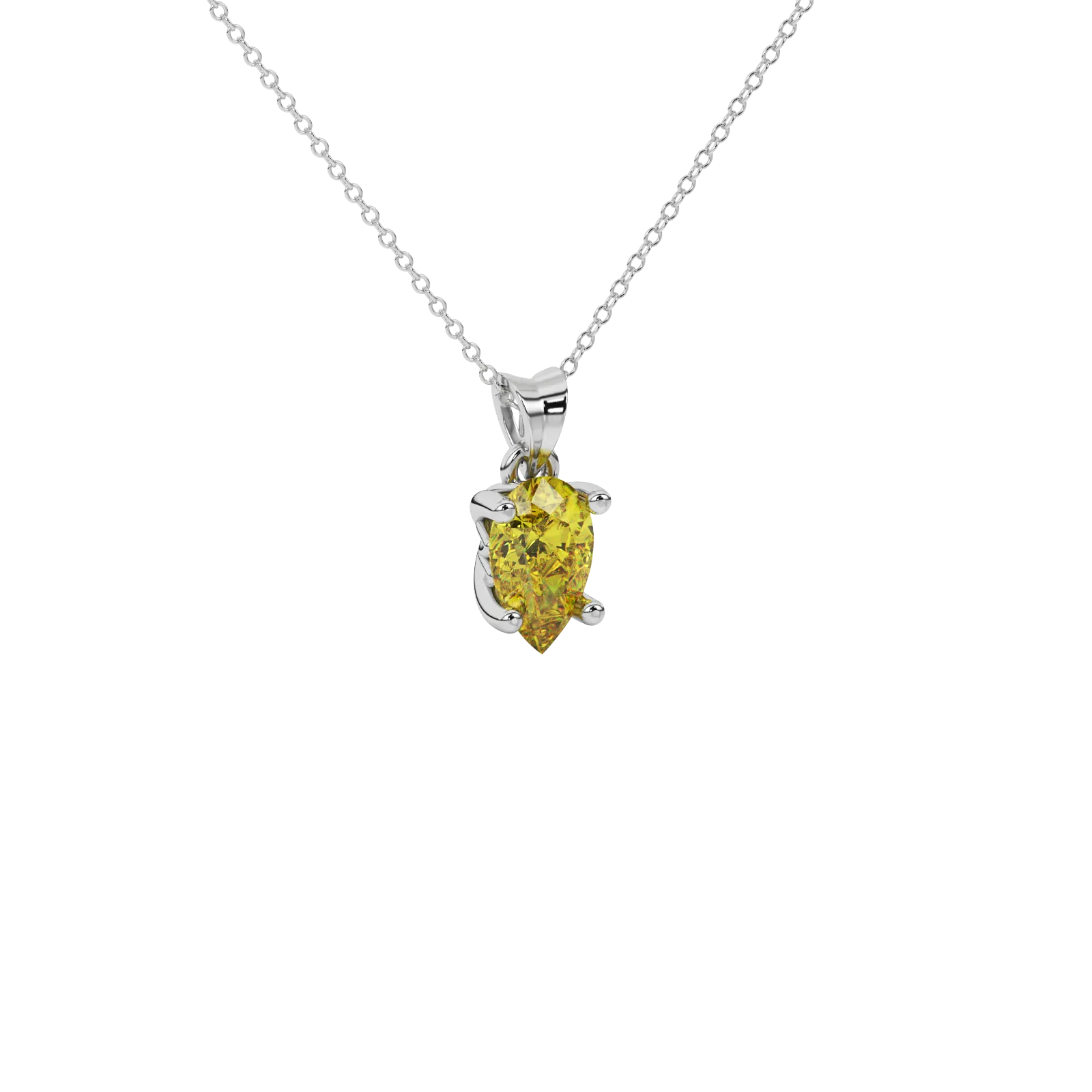 Close-up canary yellow gemstone pendant, white gold lotus basket.