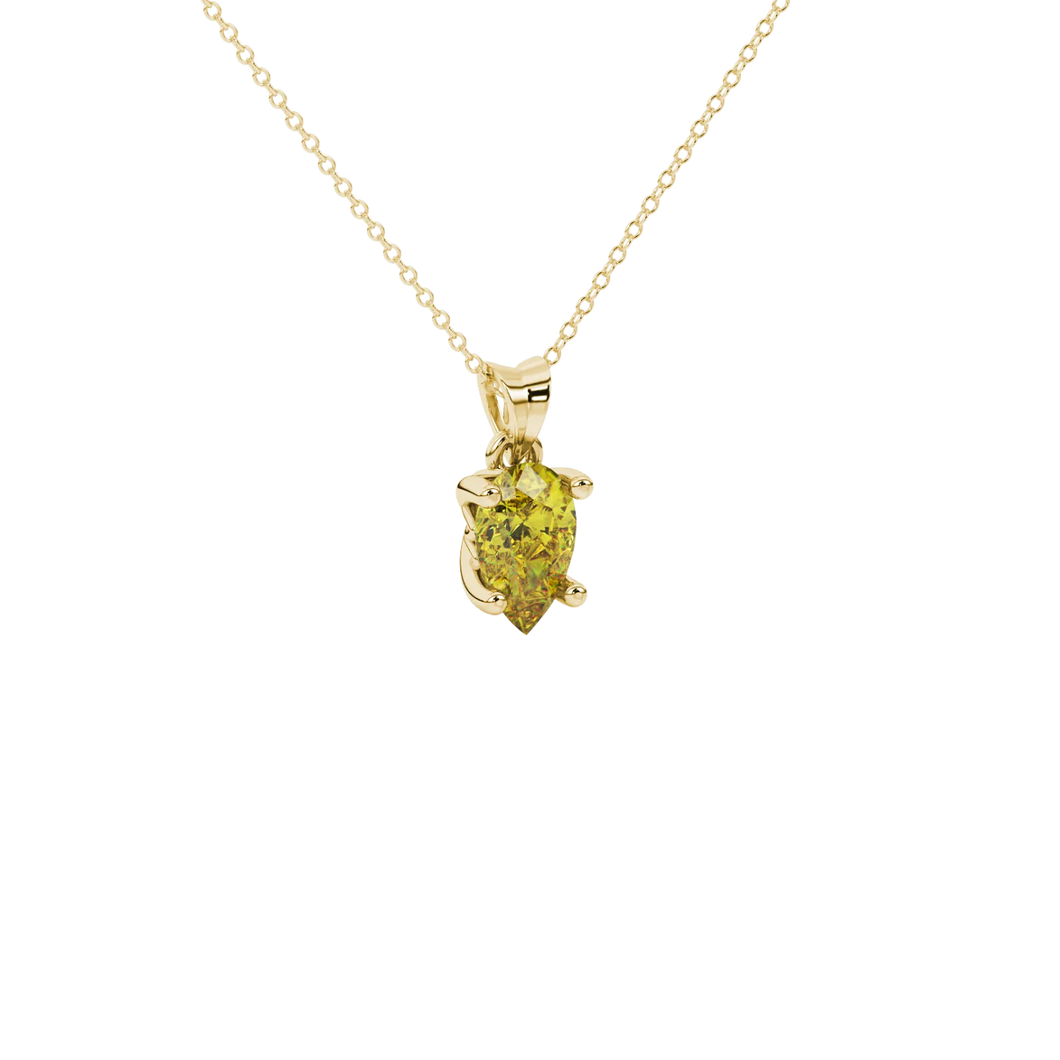Close-up, pear shape canary yellow gemstone, yellow gold lotus basket pendant.