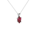 Close-up raspberry red gemstone pendant, white gold lotus basket.
