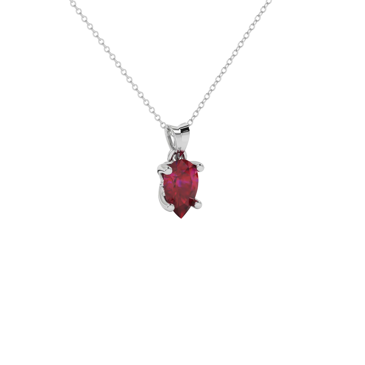 Close-up raspberry red gemstone pendant, white gold lotus basket.