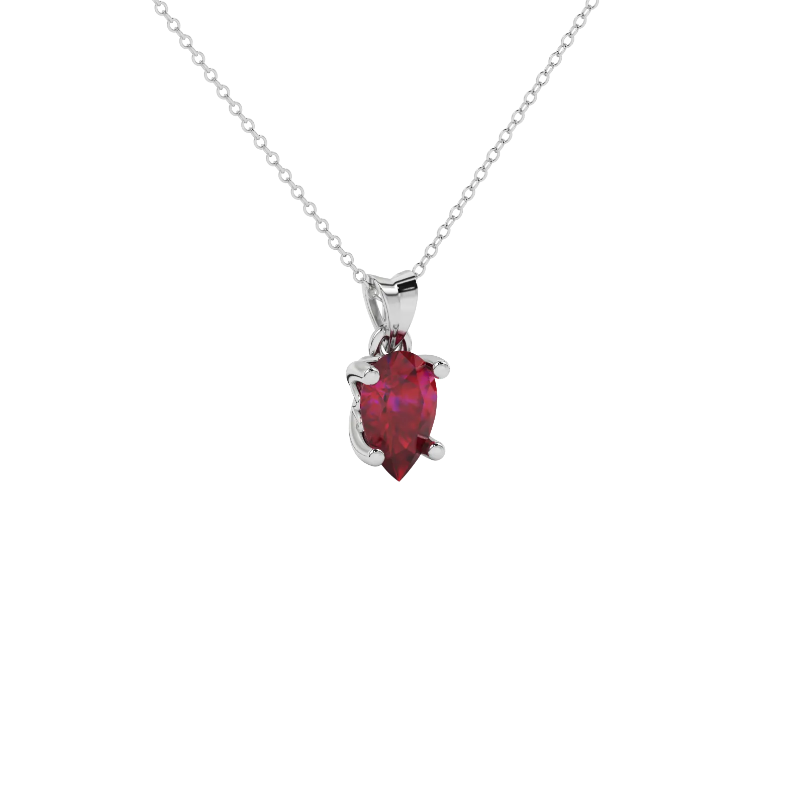 Close-up raspberry red gemstone pendant, white gold lotus basket.
