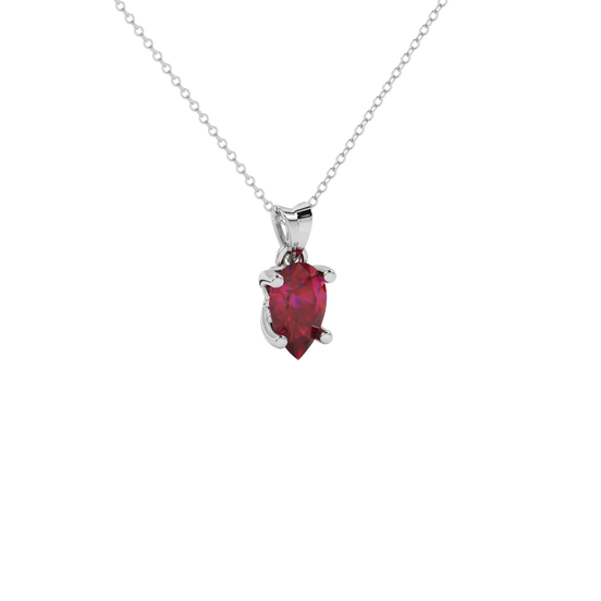 Close-up raspberry red gemstone pendant, white gold lotus basket.