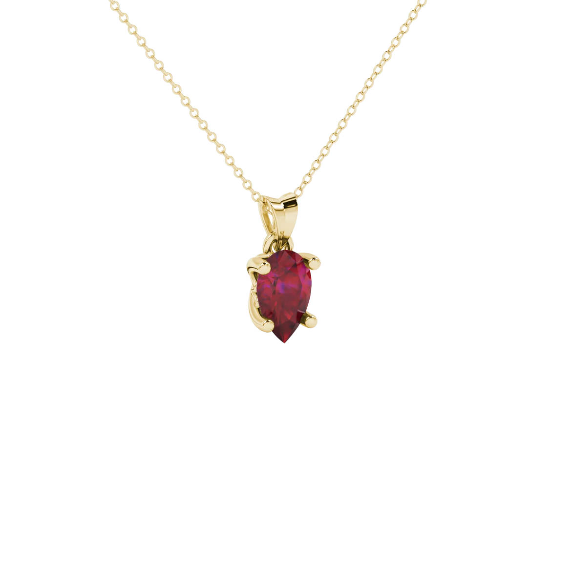 Close-up, pear shape raspberry red gemstone, yellow gold lotus basket pendant.