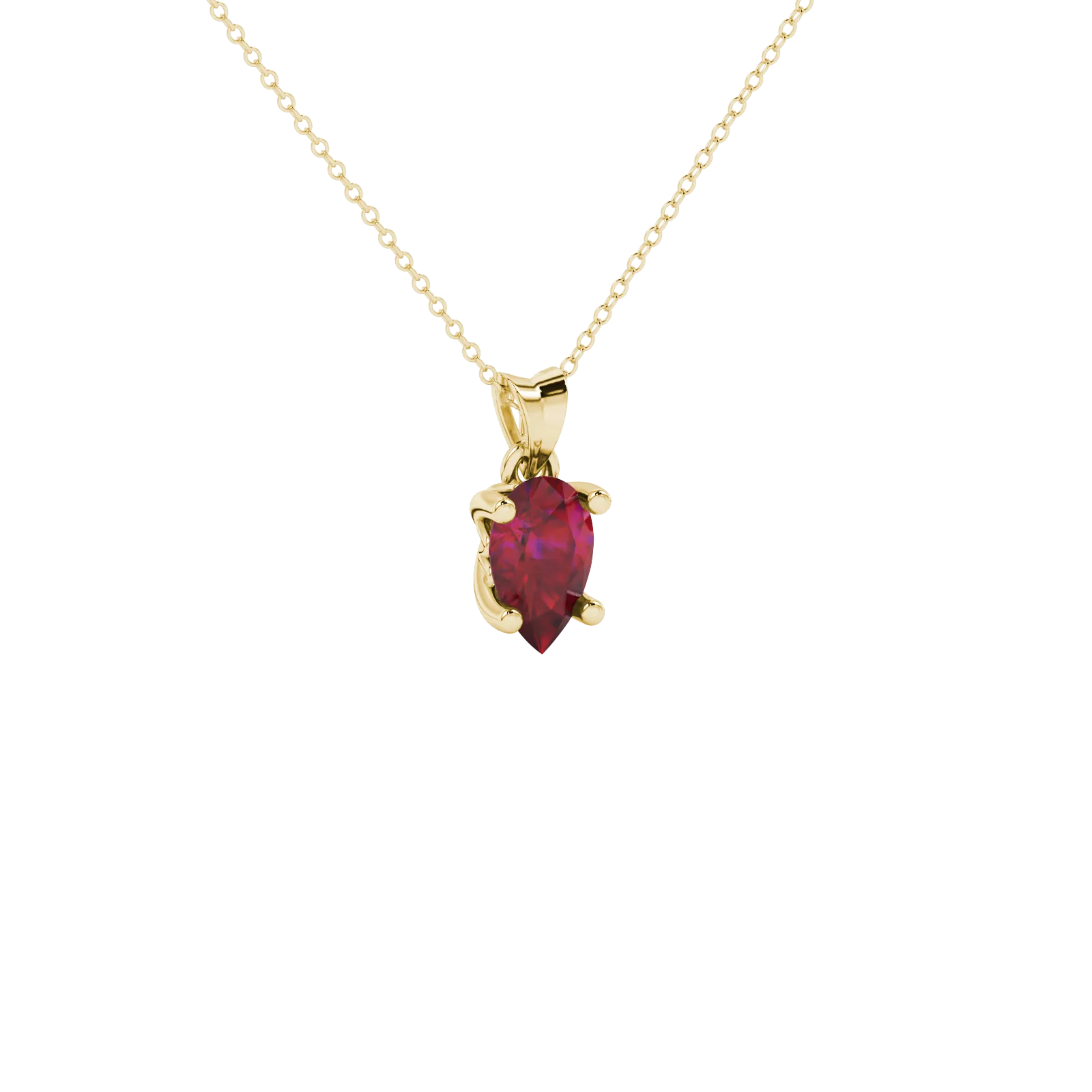 Close-up, pear shape raspberry red gemstone, yellow gold lotus basket pendant.