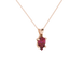 Close-up, pear shape raspberry red gemstone pendant, rose gold lotus basket.