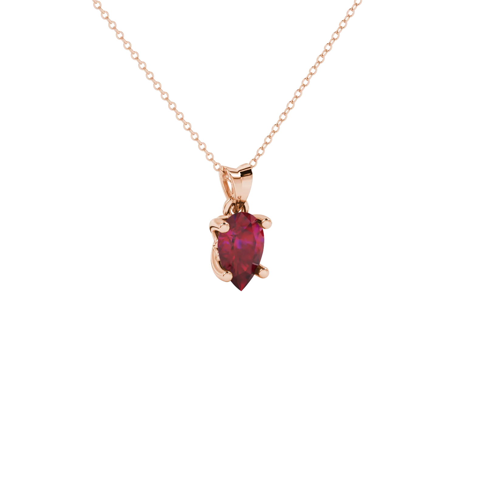 Close-up, pear shape raspberry red gemstone pendant, rose gold lotus basket.