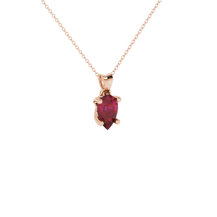 Close-up, pear shape raspberry red gemstone pendant, rose gold lotus basket.