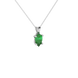 Close-up emerald green gemstone pendant, white gold lotus basket.