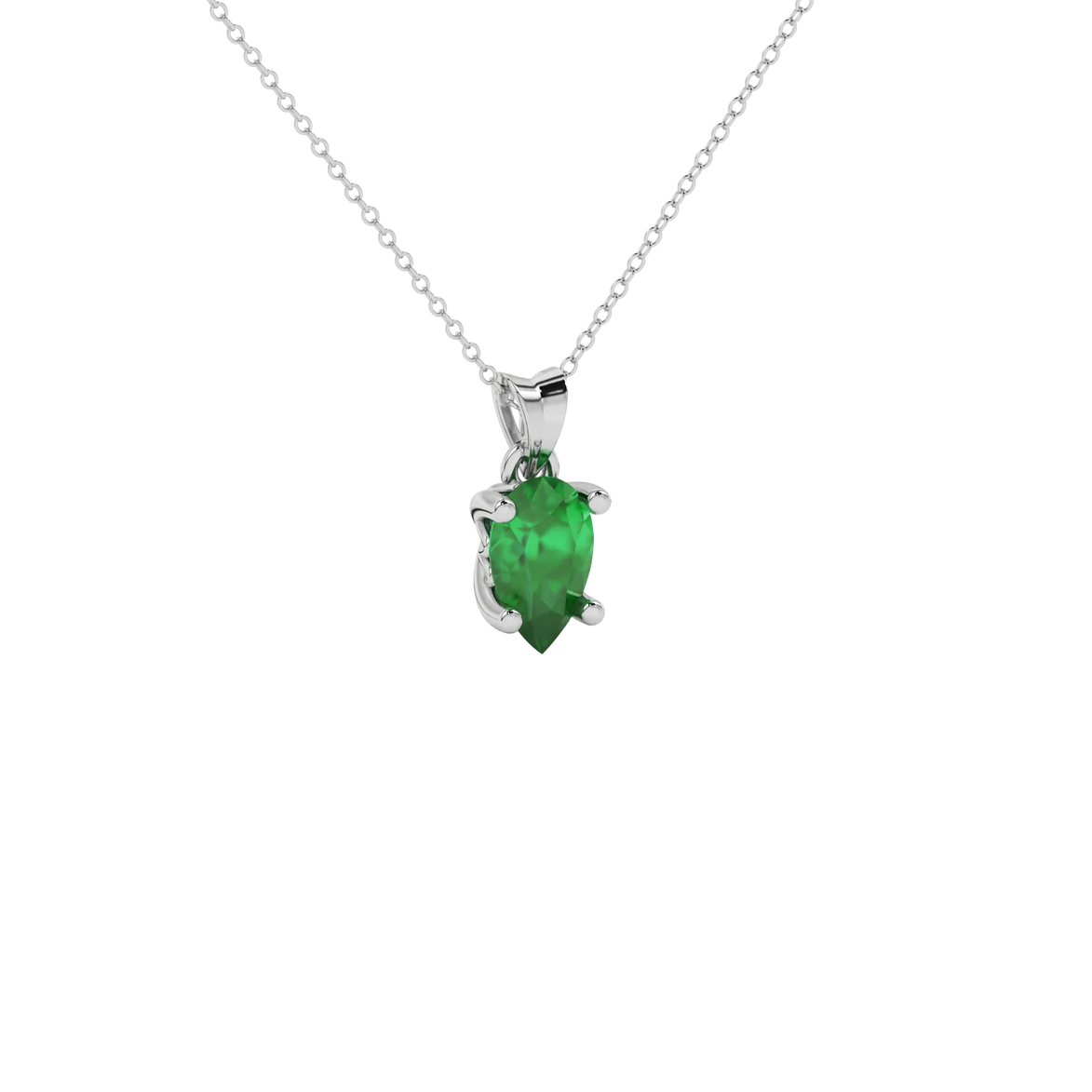 Close-up emerald green gemstone pendant, white gold lotus basket.
