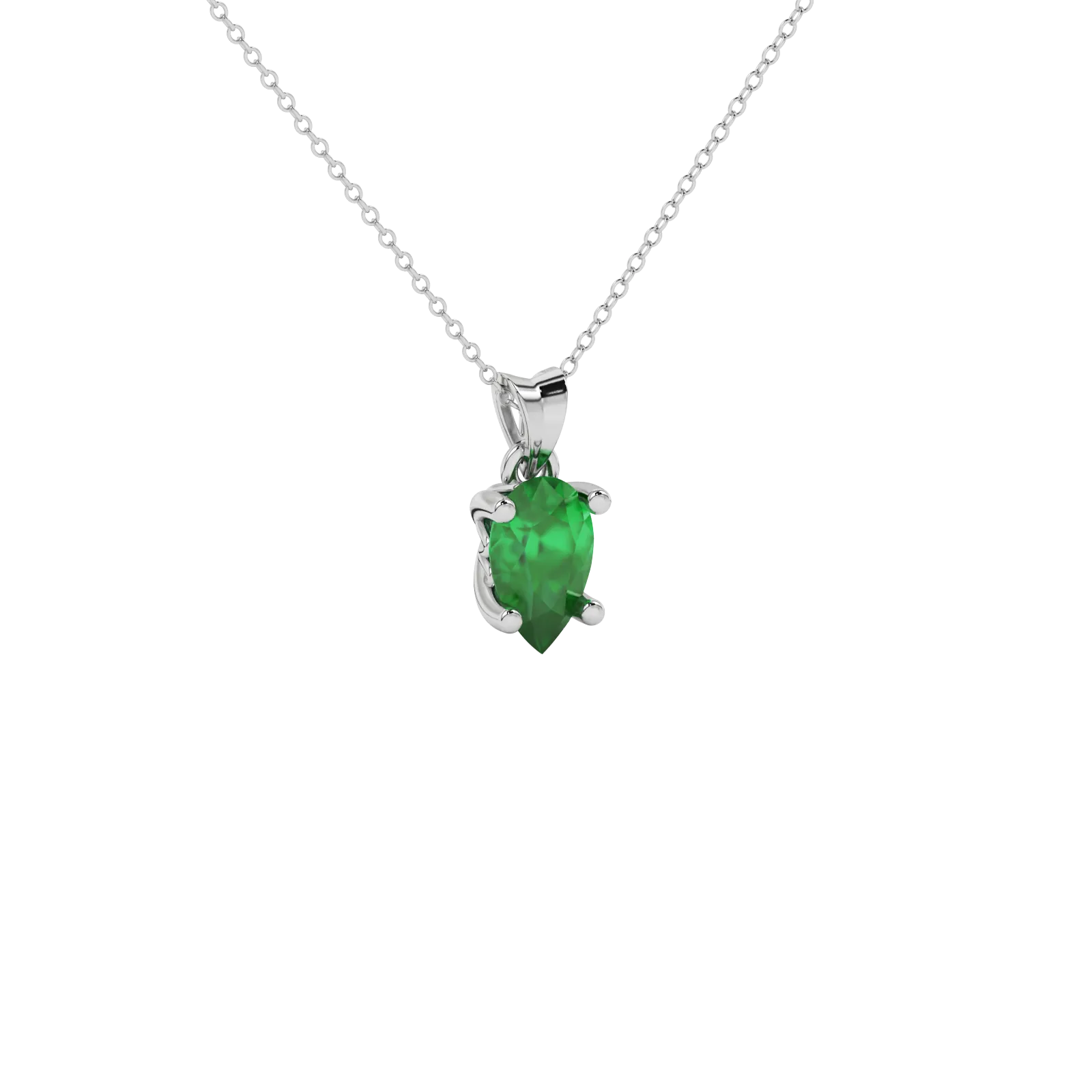 Close-up emerald green gemstone pendant, white gold lotus basket.